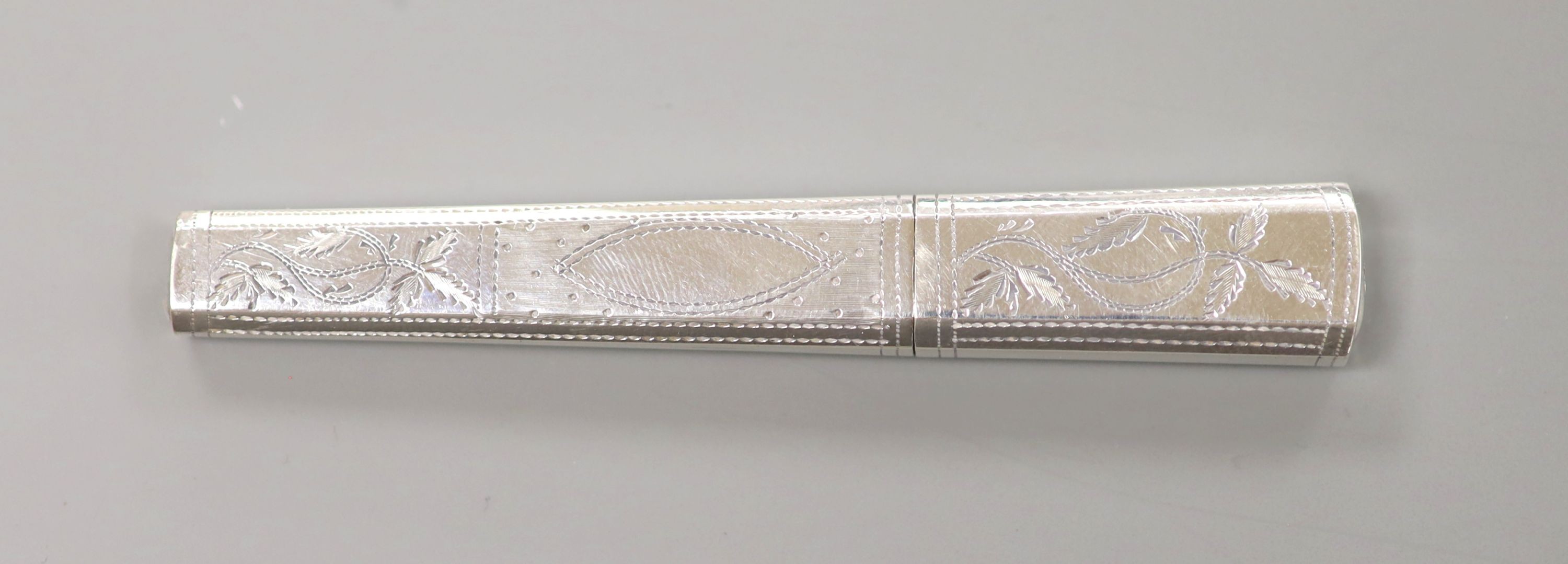 A George III engraved silver needle case, Thomas Wilmore, Birmingham, 1801, 92mm.